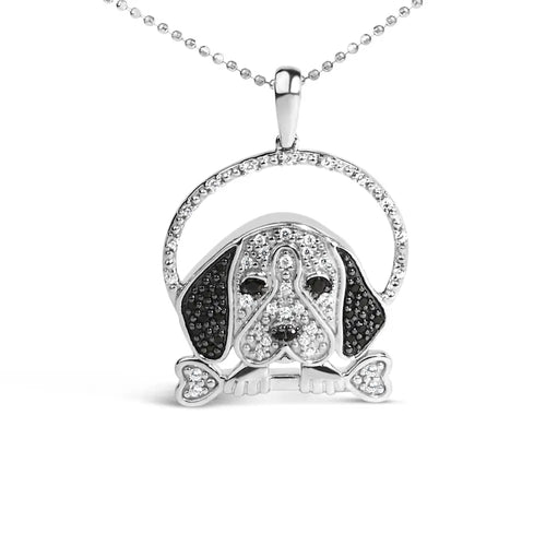 .925 sterling silver 1/4 cttw white and black diamond beagle dog and bone pendant necklace (i-j color i2-i3 clarity)
