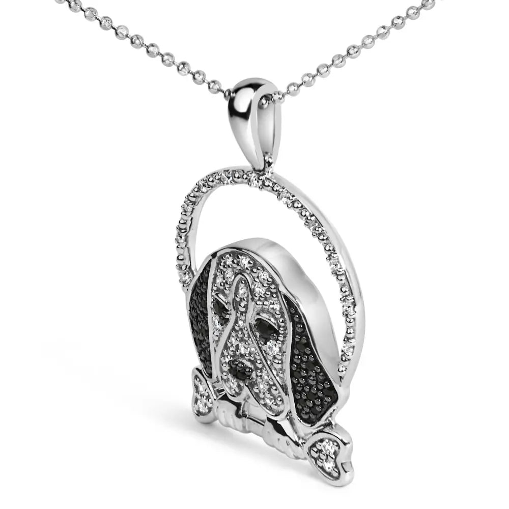 .925 sterling silver 1/4 cttw white and black diamond beagle dog bone pendant necklace (i j color i2 i3 clarity) 18’’ inches