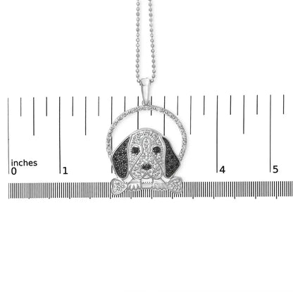 .925 sterling silver 1/4 cttw white and black diamond beagle dog bone pendant necklace (i j color i2 i3 clarity) 18’’ inches