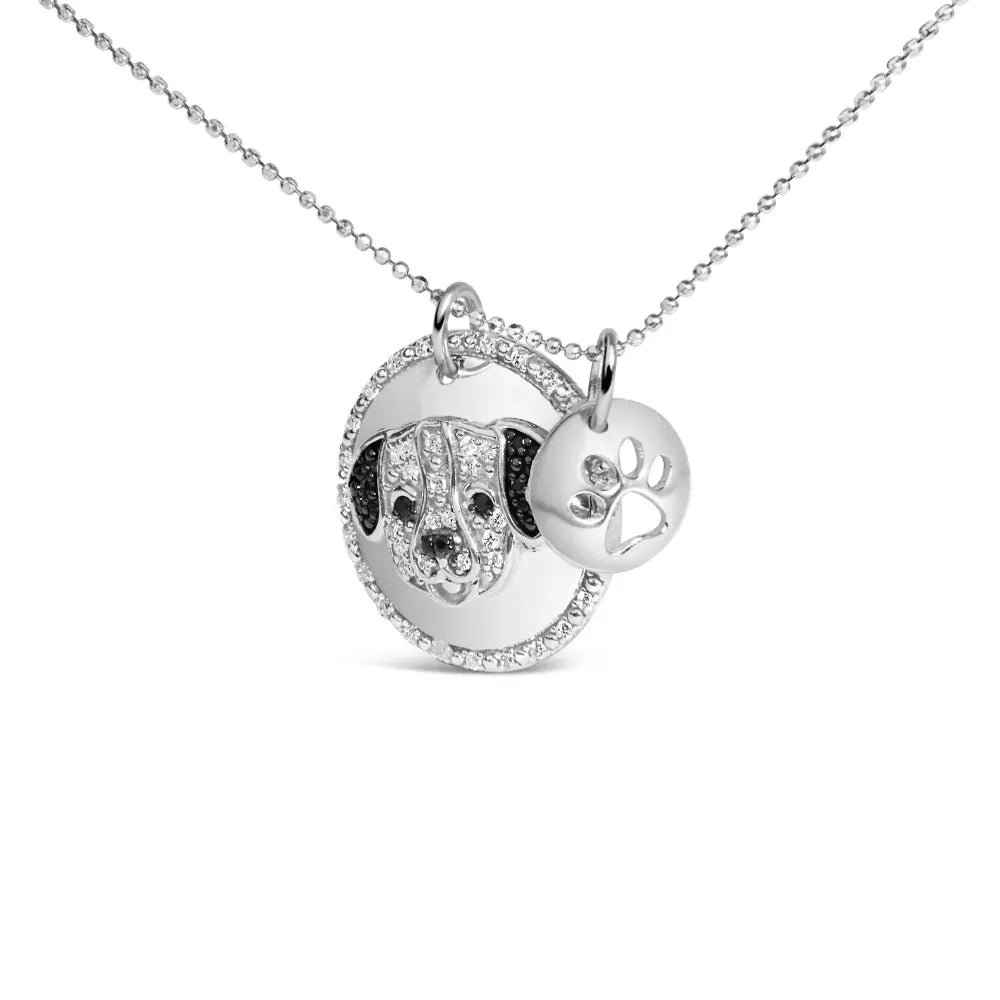 .925 sterling silver 1/4 cttw white and black diamond pitbull dog medallion charm 18’’ pendant necklace (i j color i2 i3 clarity)
