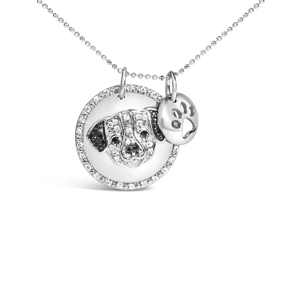 .925 sterling silver 1/4 cttw white and black diamond pitbull dog medallion charm 18’’ pendant necklace (i j color i2 i3 clarity)