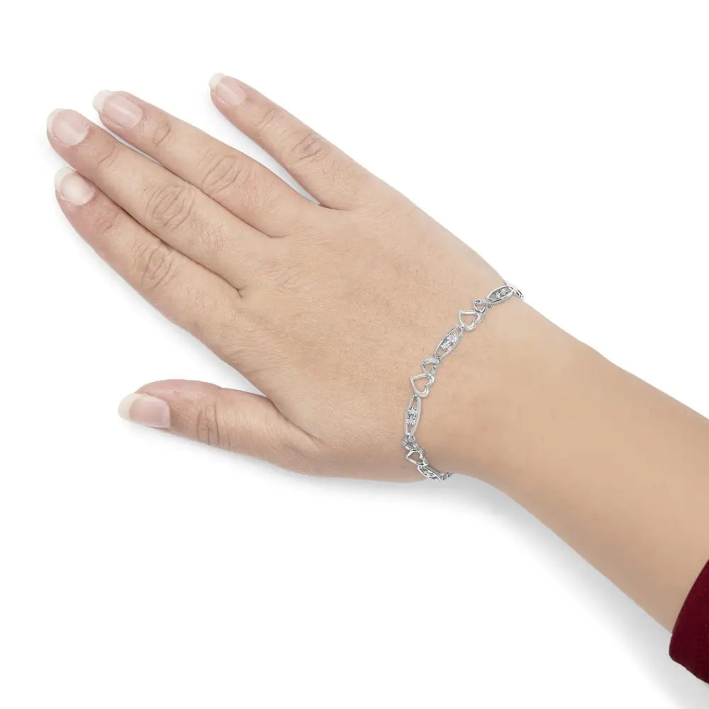 Sterling silver 1/5 cttw diamond double heart link bracelet 7.25 inches bijoux-nyc direct