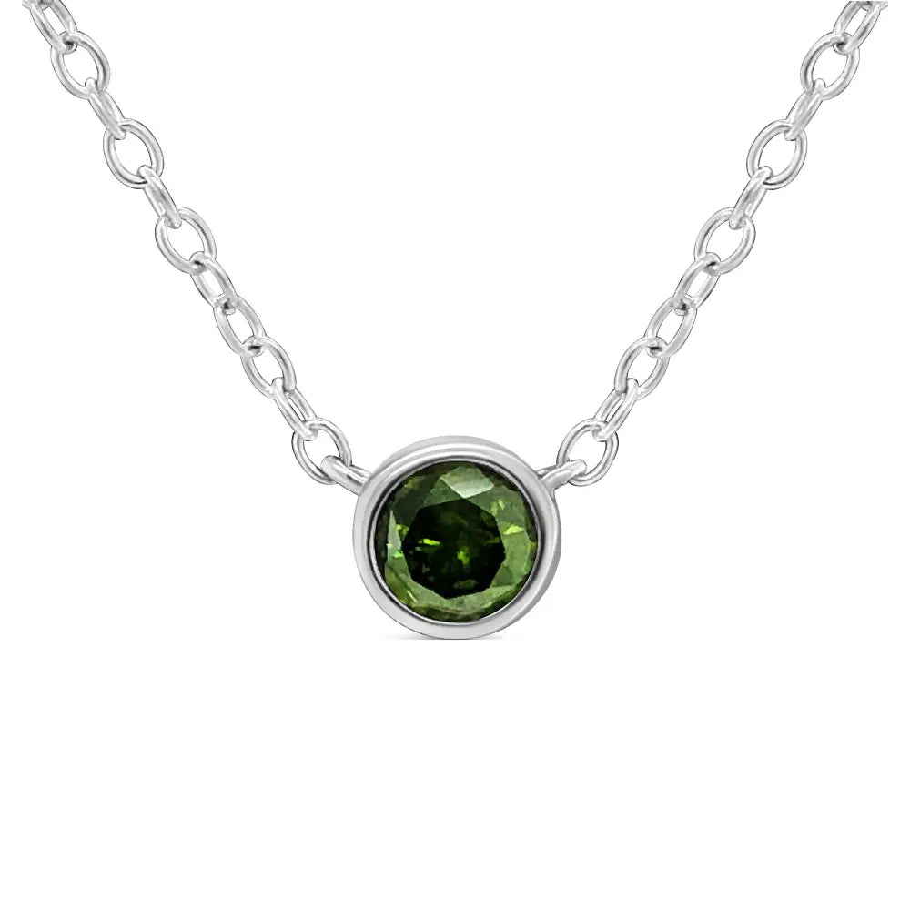 .925 Sterling Silver 1/5 Cttw Treated Green Diamond Solitaire Bezel 18" Pendant Necklace (Green Color, I1-I2 Clarity) - Bijoux-NYC Direct