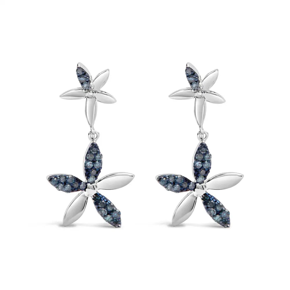 .925 Sterling Silver 1/5ct Cttw Blue Diamond Double Star Drop and Dangle Earrings (Blue Color, SI1-SI2 Clarity) - Bijoux-NYC Direct