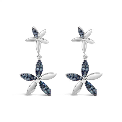 .925 Sterling Silver 1/5ct Cttw Blue Diamond Double Star Drop and Dangle Earrings (Blue Color, SI1-SI2 Clarity) - Bijoux-NYC Direct