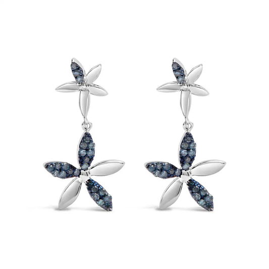.925 Sterling Silver 1/5ct Cttw Blue Diamond Double Star Drop and Dangle Earrings (Blue Color, SI1-SI2 Clarity) - Bijoux-NYC Direct