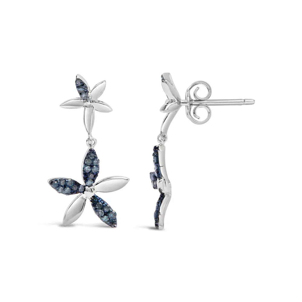 .925 Sterling Silver 1/5ct Cttw Blue Diamond Double Star Drop and Dangle Earrings (Blue Color, SI1-SI2 Clarity) - Bijoux-NYC Direct