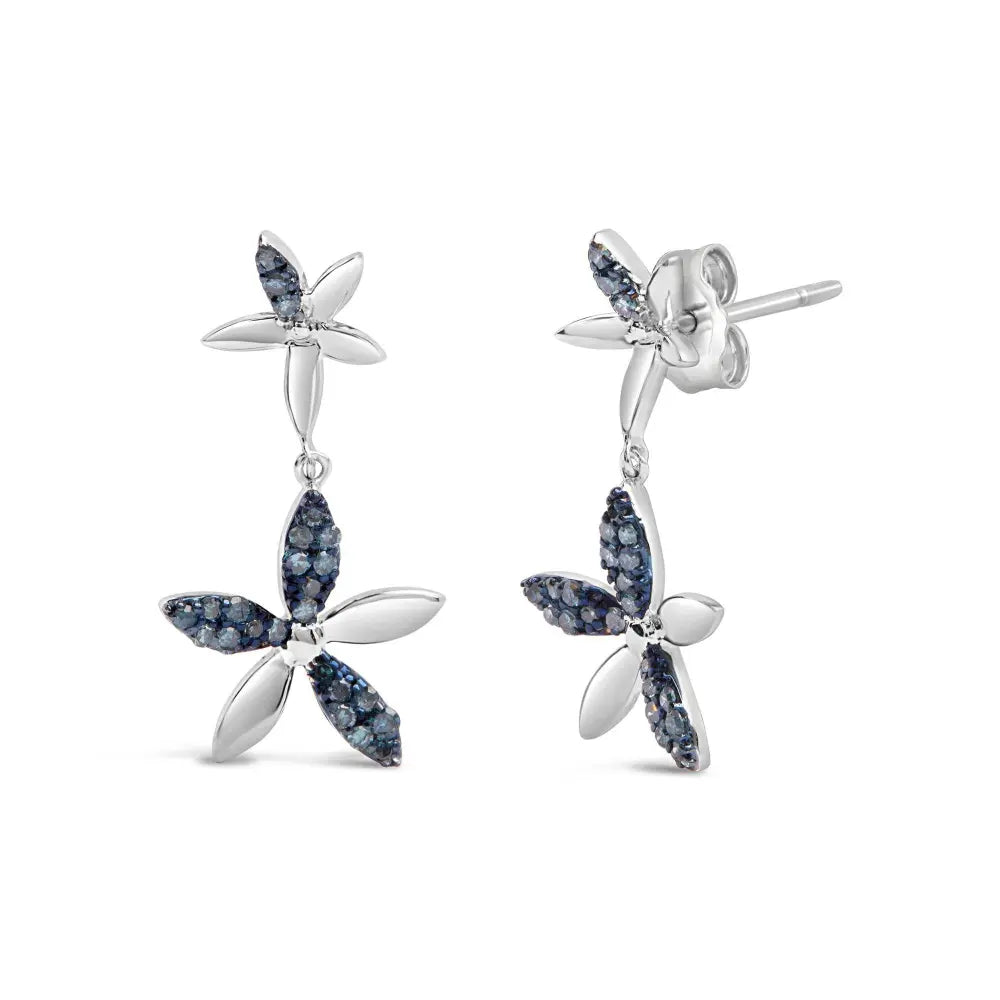 .925 Sterling Silver 1/5ct Cttw Blue Diamond Double Star Drop and Dangle Earrings (Blue Color, SI1-SI2 Clarity) - Bijoux-NYC Direct
