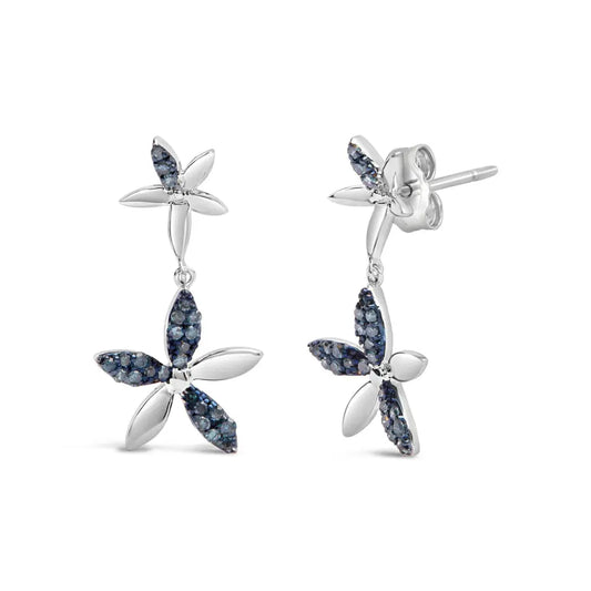 .925 Sterling Silver 1/5ct Cttw Blue Diamond Double Star Drop and Dangle Earrings (Blue Color, SI1-SI2 Clarity) - Bijoux-NYC Direct