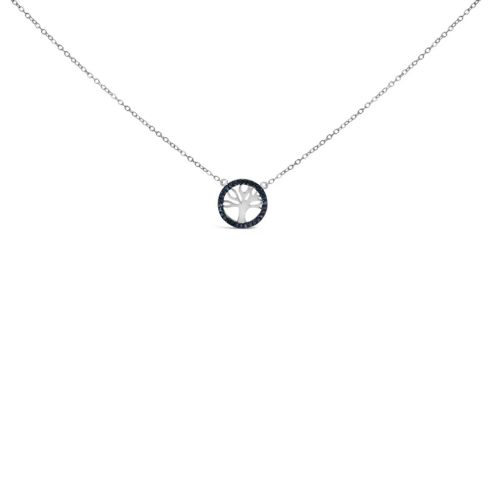 .925 sterling silver 1/6 cttw blue diamond tree of life and circle 18’’ pendant necklace (blue color si1 si2 clarity)