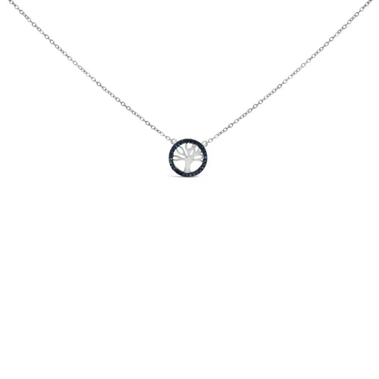.925 sterling silver 1/6 cttw blue diamond tree of life and circle 18’’ pendant necklace (blue color si1 si2 clarity)