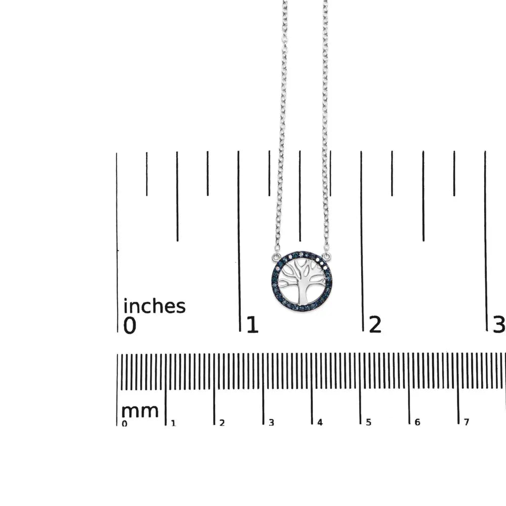 .925 sterling silver 1/6 cttw blue diamond tree of life and circle 18’’ pendant necklace (blue color si1 si2 clarity)