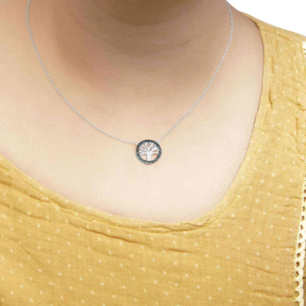 .925 sterling silver 1/6 cttw blue diamond tree of life and circle 18’’ pendant necklace (blue color si1 si2 clarity)