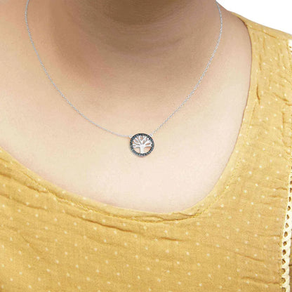.925 sterling silver 1/6 cttw blue diamond tree of life and circle 18’’ pendant necklace (blue color si1 si2 clarity)