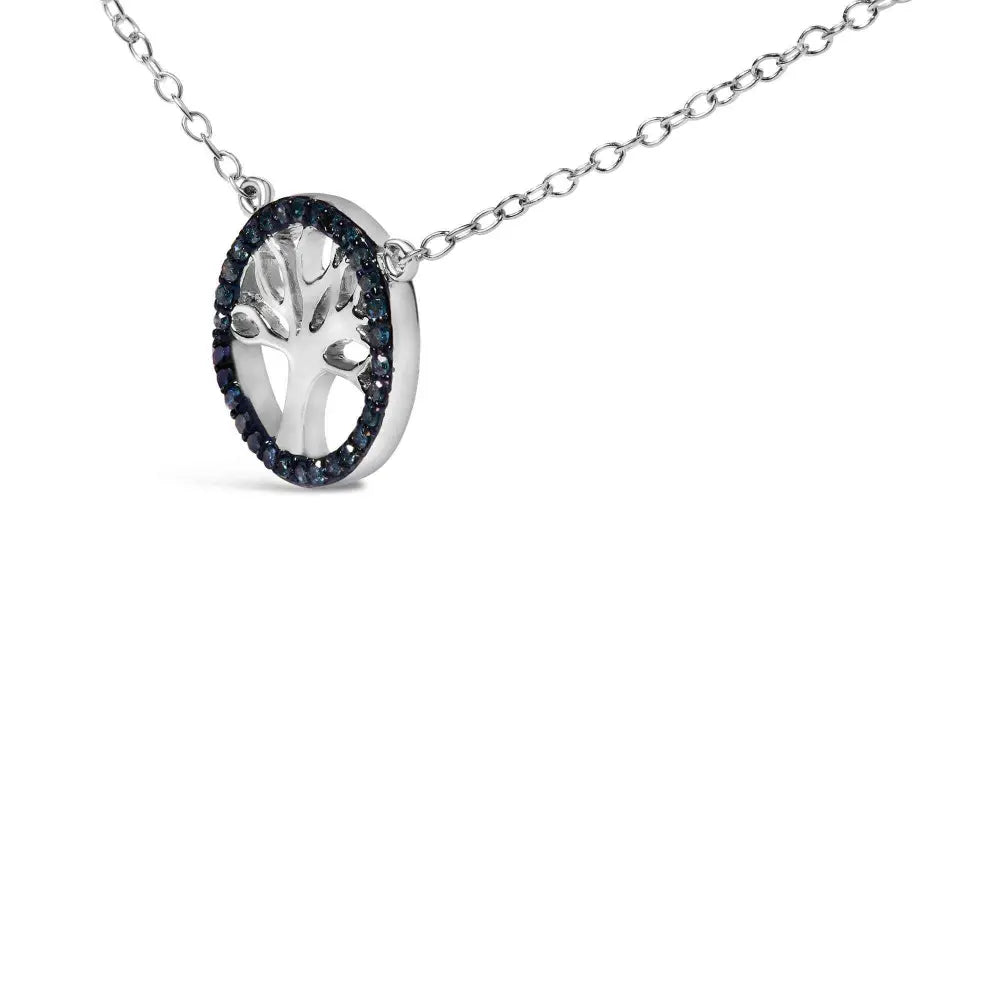 .925 sterling silver 1/6 cttw blue diamond tree of life and circle 18’’ pendant necklace (blue color si1 si2 clarity)