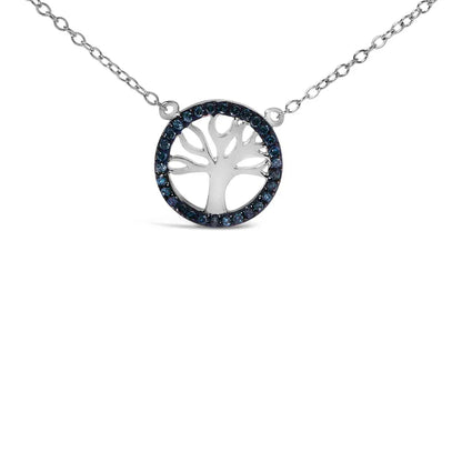 .925 sterling silver 1/6 cttw blue diamond tree of life and circle 18’’ pendant necklace (blue color si1 si2 clarity)