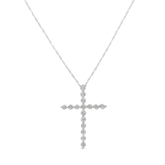 .925 sterling silver 1/6 cttw brilliant cut diamond miracle set shared prong cross 18’’ pendant necklace (i j color i2 i3