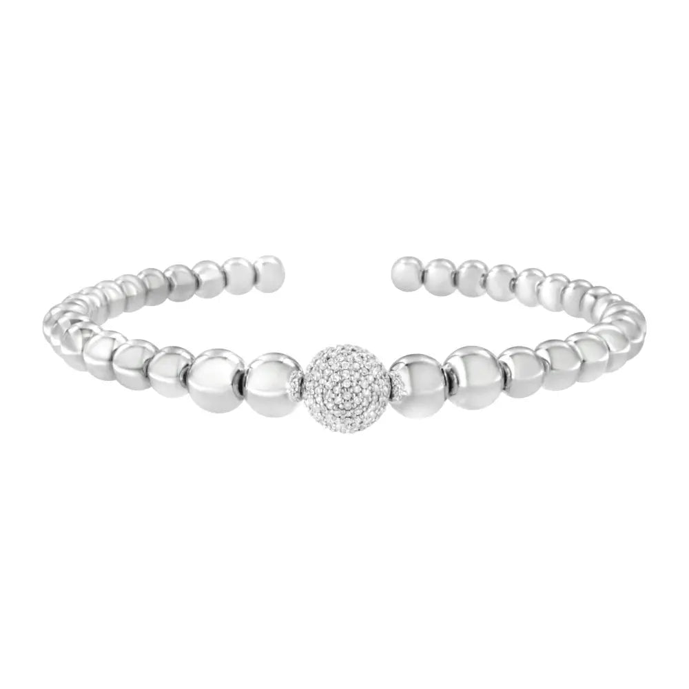.925 Sterling Silver 1/6 Cttw Diamond Rondelle Graduated Ball Bead Cuff Bangle Bracelet (I-J color, I2-I3 clarity) - Fits wrists up to 7 1/2 inches - Bijoux-NYC Direct