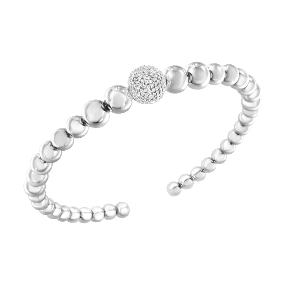 .925 sterling silver 1/6 cttw diamond rondelle graduated ball bead cuff bangle bracelet (i-j color i2-i3 clarity)