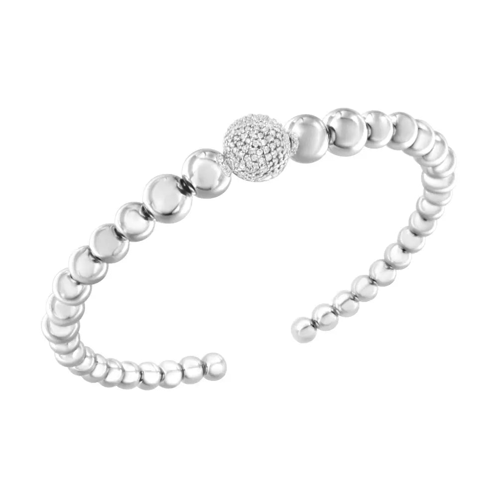 .925 Sterling Silver 1/6 Cttw Diamond Rondelle Graduated Ball Bead Cuff Bangle Bracelet (I-J color, I2-I3 clarity) - Fits wrists up to 7 1/2 inches - Bijoux-NYC Direct