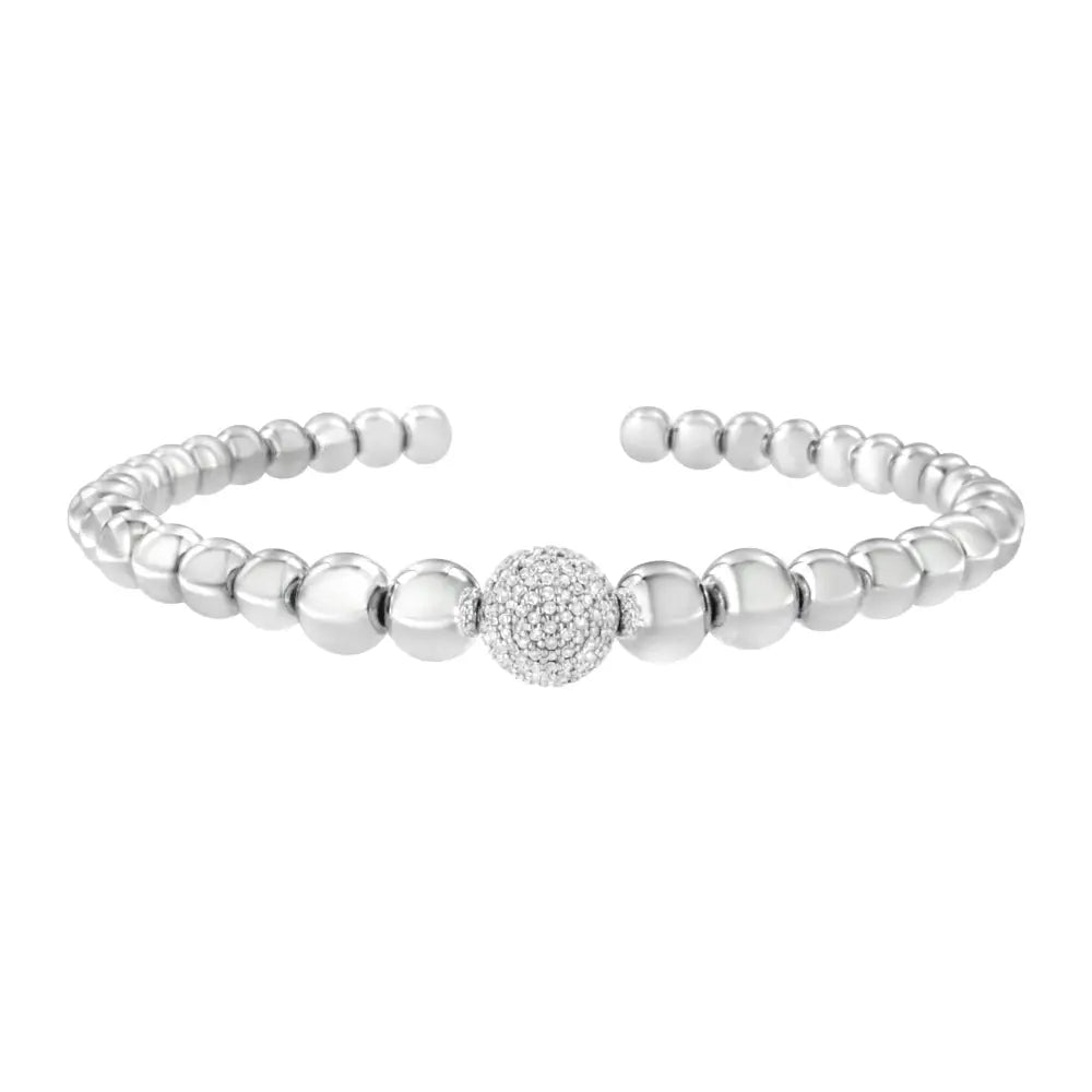 .925 sterling silver 1/6 cttw diamond rondelle graduated ball bead cuff bangle bracelet (i-j color i2-i3 clarity)