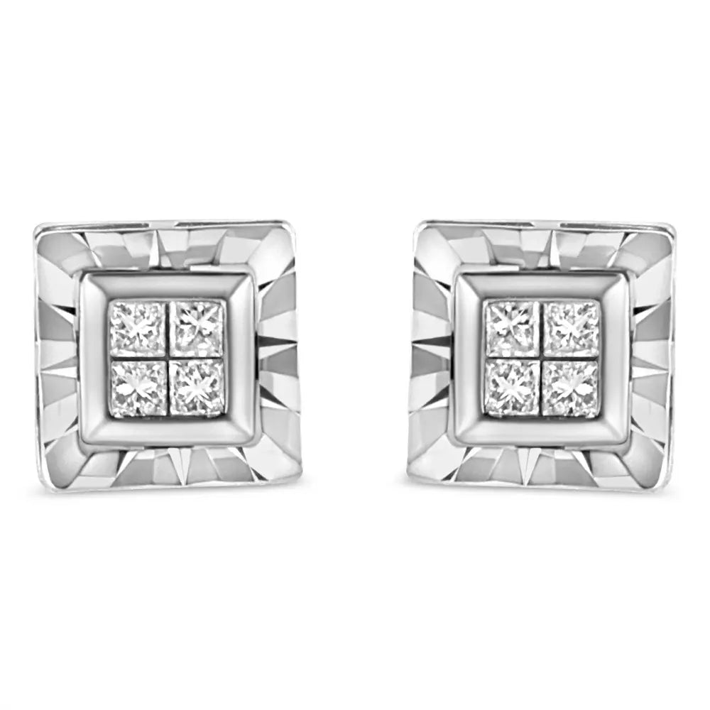 .925 Sterling Silver 1/6 Cttw Invisible Set Princess-Cut Diamond Quad Composite Stud Earrings (H-I Color, I1-I2 Clarity) - Bijoux-NYC Direct