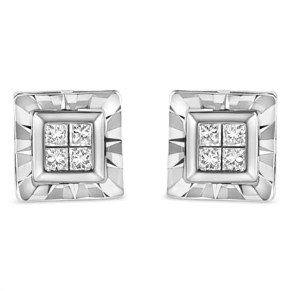 .925 Sterling Silver 1/6 Cttw Invisible Set Princess-Cut Diamond Quad Composite Stud Earrings (H-I Color, I1-I2 Clarity) - Bijoux-NYC Direct