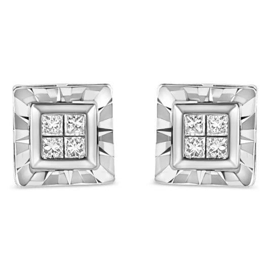 .925 Sterling Silver 1/6 Cttw Invisible Set Princess-Cut Diamond Quad Composite Stud Earrings (H-I Color, I1-I2 Clarity) - Bijoux-NYC Direct