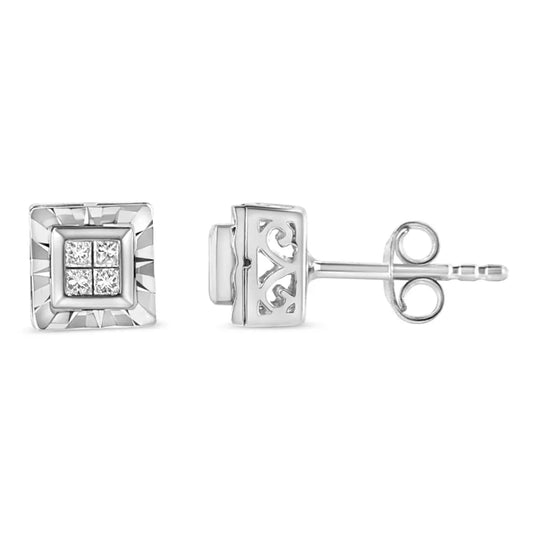 .925 Sterling Silver 1/6 Cttw Invisible Set Princess-Cut Diamond Quad Composite Stud Earrings (H-I Color, I1-I2 Clarity) - Bijoux-NYC Direct