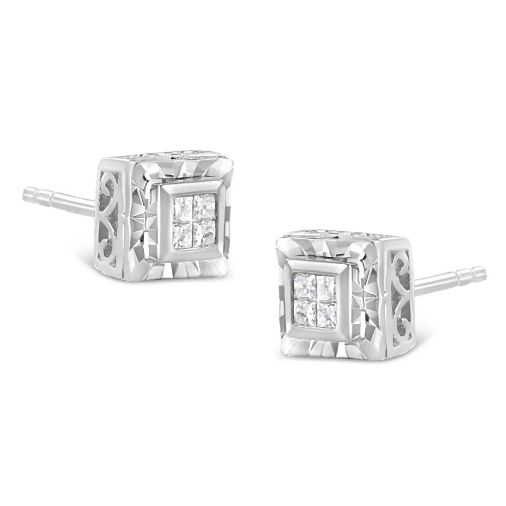 .925 Sterling Silver 1/6 Cttw Invisible Set Princess-Cut Diamond Quad Composite Stud Earrings (H-I Color, I1-I2 Clarity) - Bijoux-NYC Direct