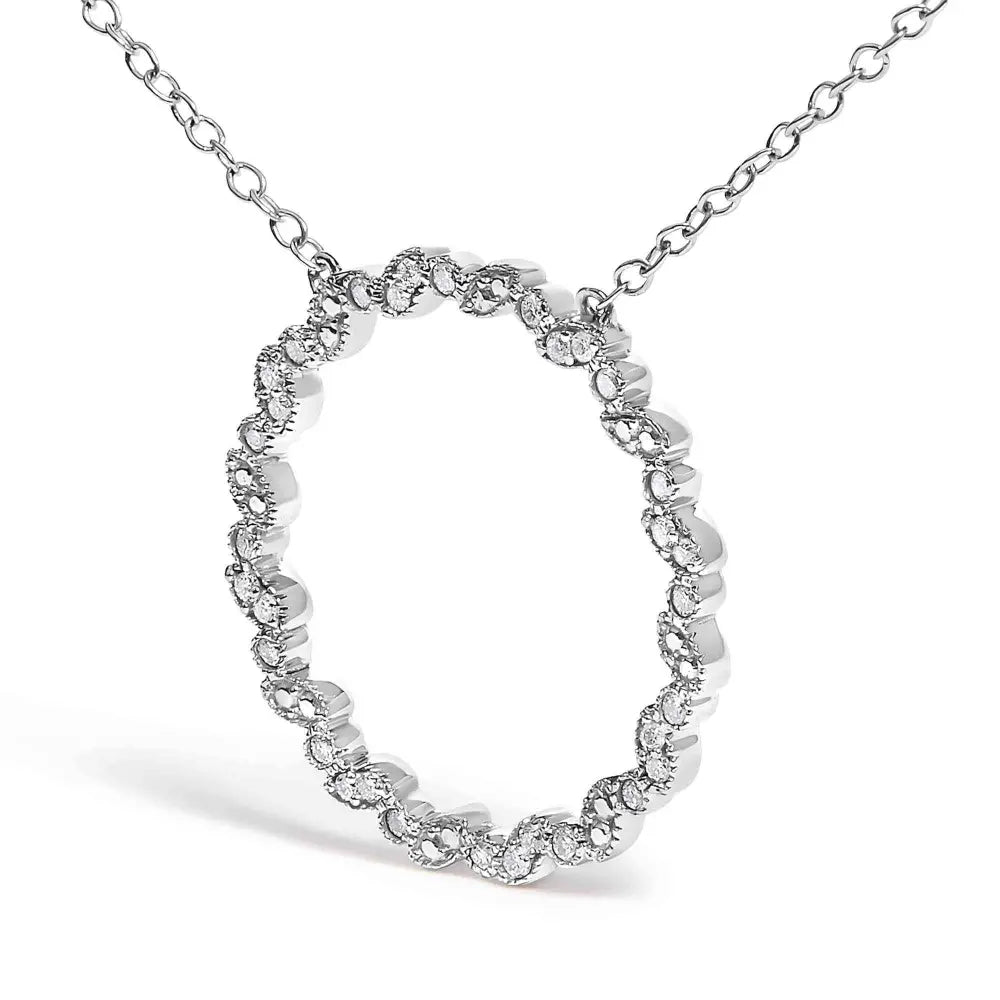 .925 Sterling Silver 1/7 Cttw Lab Grown Diamond Beaded Love Circle Pendant Necklace - Size 18 Inches - Bijoux-NYC Direct