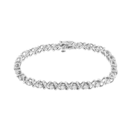 .925 Sterling Silver 1 cttw Brilliant Round-Cut Diamond "X" Link Bracelet (I-J Clarity, I2-I3 Color) - Size 7" - Bijoux-NYC Direct