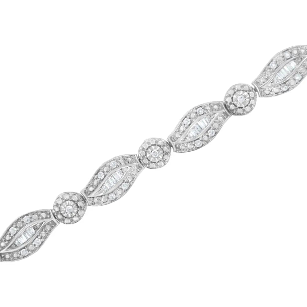 .925 Sterling Silver 1 cttw Diamond Double Leaf and Bezel Link Bracelet (I-J Clarity, I2-I3 Color) - Size 7.25" - Bijoux-NYC Direct