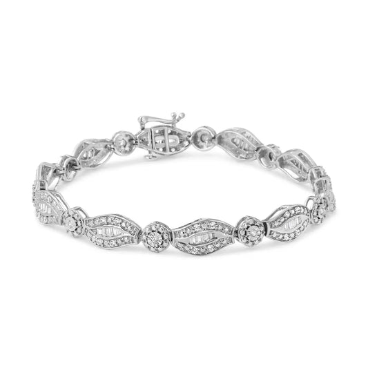.925 Sterling Silver 1 cttw Diamond Double Leaf and Bezel Link Bracelet (I-J Clarity, I2-I3 Color) - Size 7.25" - Bijoux-NYC Direct