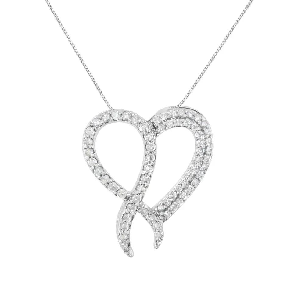 .925 Sterling Silver 1 cttw Diamond Heart and Ribbon 18" Pendant Necklace (I-J Clarity, I2-I3 Color) - 18" - Bijoux-NYC Direct