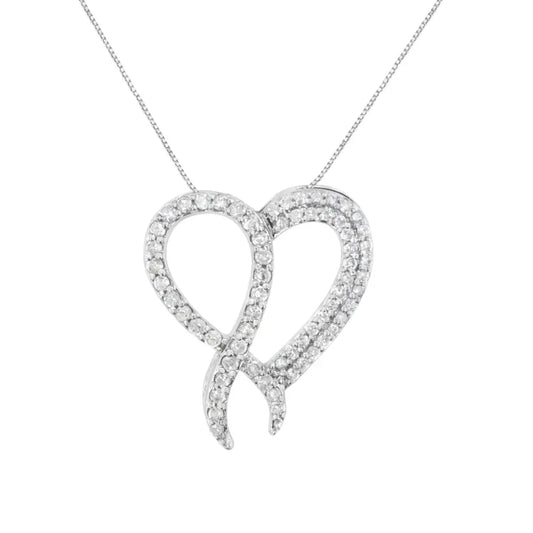 .925 Sterling Silver 1 cttw Diamond Heart and Ribbon 18" Pendant Necklace (I-J Clarity, I2-I3 Color) - 18" - Bijoux-NYC Direct