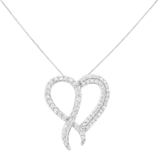 .925 Sterling Silver 1 cttw Diamond Heart and Ribbon 18" Pendant Necklace (I-J Clarity, I2-I3 Color) - 18" - Bijoux-NYC Direct