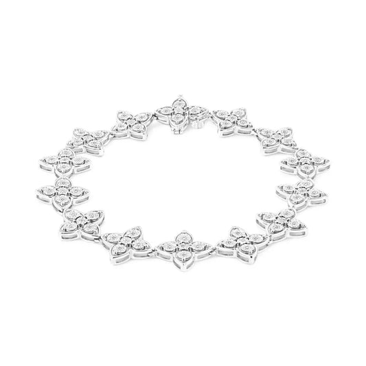 .925 Sterling Silver 1 cttw Miracle-Set Diamond 4 Leaf Clover Link Bracelet (I-J Clarity, I3 Color) - Size 7.25" - Bijoux-NYC Direct