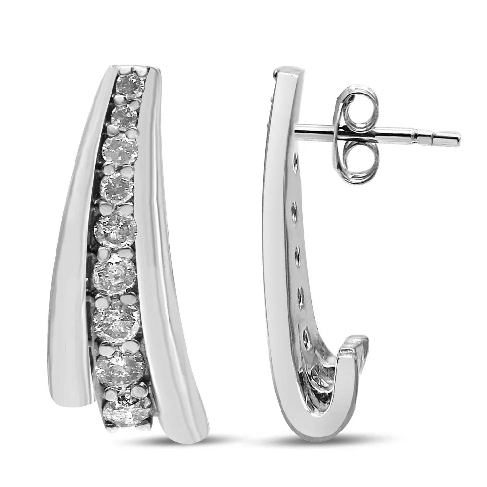 .925 Sterling Silver 1 Cttw Round Diamond Graduated Huggie Earrings (I2-I3 Clarity, I-J Color) - Bijoux-NYC Direct