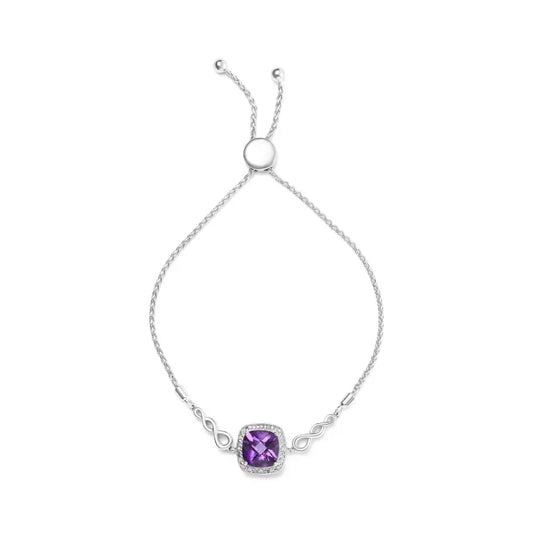 .925 Sterling Silver 10mm Cushion Cut Amethyst Gemstone and Diamond Accent Lariat 4”-10” Adjustable Bolo Bracelet (H-I Color, SI1-SI2 Clarity) - Bijoux-NYC Direct