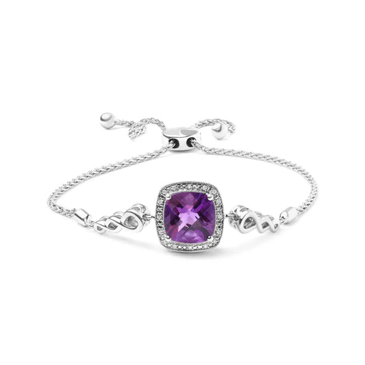 .925 Sterling Silver 10mm Cushion Cut Amethyst Gemstone and Diamond Accent Lariat 4”-10” Adjustable Bolo Bracelet (H-I Color, SI1-SI2 Clarity) - Bijoux-NYC Direct