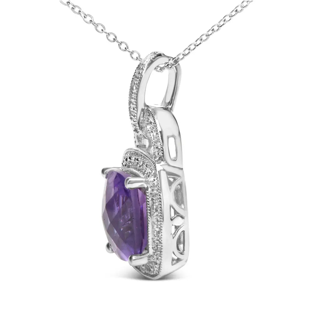 .925 sterling silver 10x10 mm cushion purple amethyst and diamond accent halo 18’’ pendant necklace (i j color i1 i2 clarity)