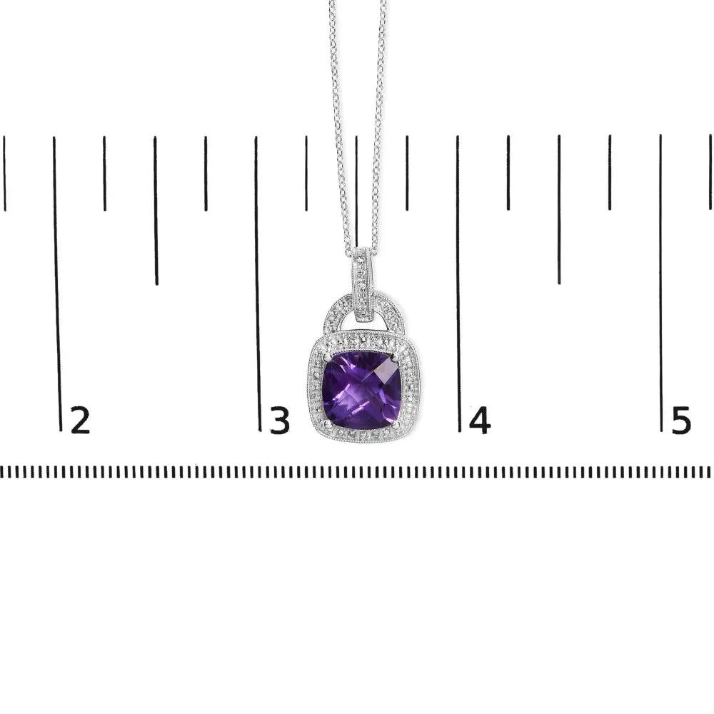 .925 sterling silver 10x10 mm cushion purple amethyst and diamond accent halo 18’’ pendant necklace (i j color i1 i2 clarity)
