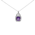 Cushion cut treated amethyst and diamond halo pendant in silver bijoux-nyc direct