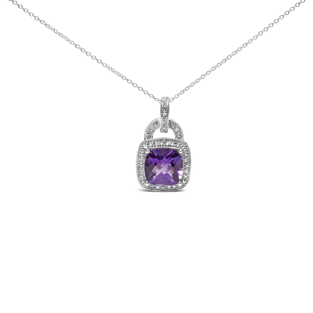 .925 sterling silver 10x10 mm cushion purple amethyst and diamond accent halo 18’’ pendant necklace (i j color i1 i2 clarity)