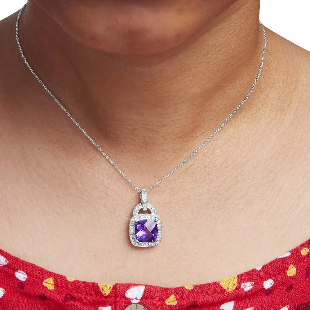 Cushion cut treated amethyst and diamond halo pendant in silver bijoux-nyc direct