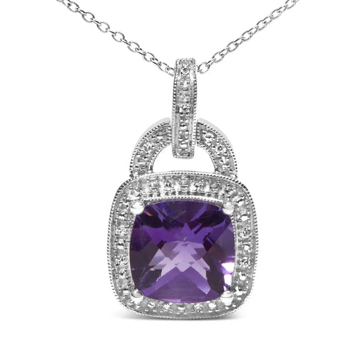 .925 sterling silver 10x10 mm cushion purple amethyst and diamond accent halo 18’’ pendant necklace (i-j color i1-i2