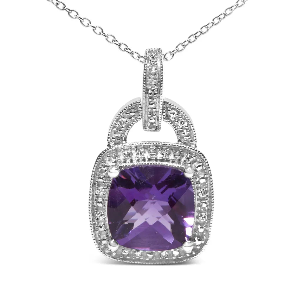 .925 sterling silver 10x10 mm cushion purple amethyst and diamond accent halo 18’’ pendant necklace (i j color i1 i2 clarity)