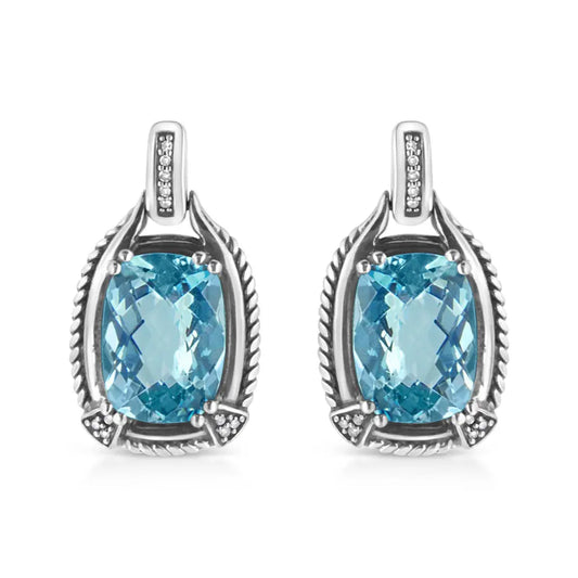 .925 Sterling Silver 14x10MM Cushion Cut Blue Topaz Gemstone and Diamond Accent Dangle Earring (I-J Color, I1-I2 Clarity) - Bijoux-NYC Direct