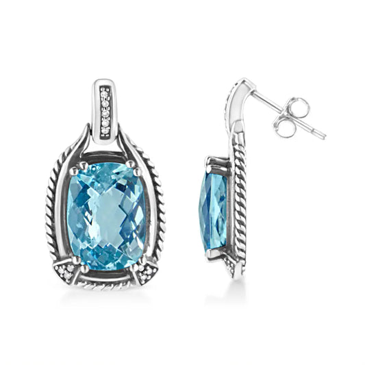 .925 Sterling Silver 14x10MM Cushion Cut Blue Topaz Gemstone and Diamond Accent Dangle Earring (I-J Color, I1-I2 Clarity) - Bijoux-NYC Direct